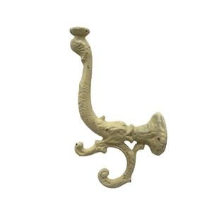 Vintage Ornate Wall 3 Hook Towel Robe Coat Hat Rack Whitewashed Cast Metal